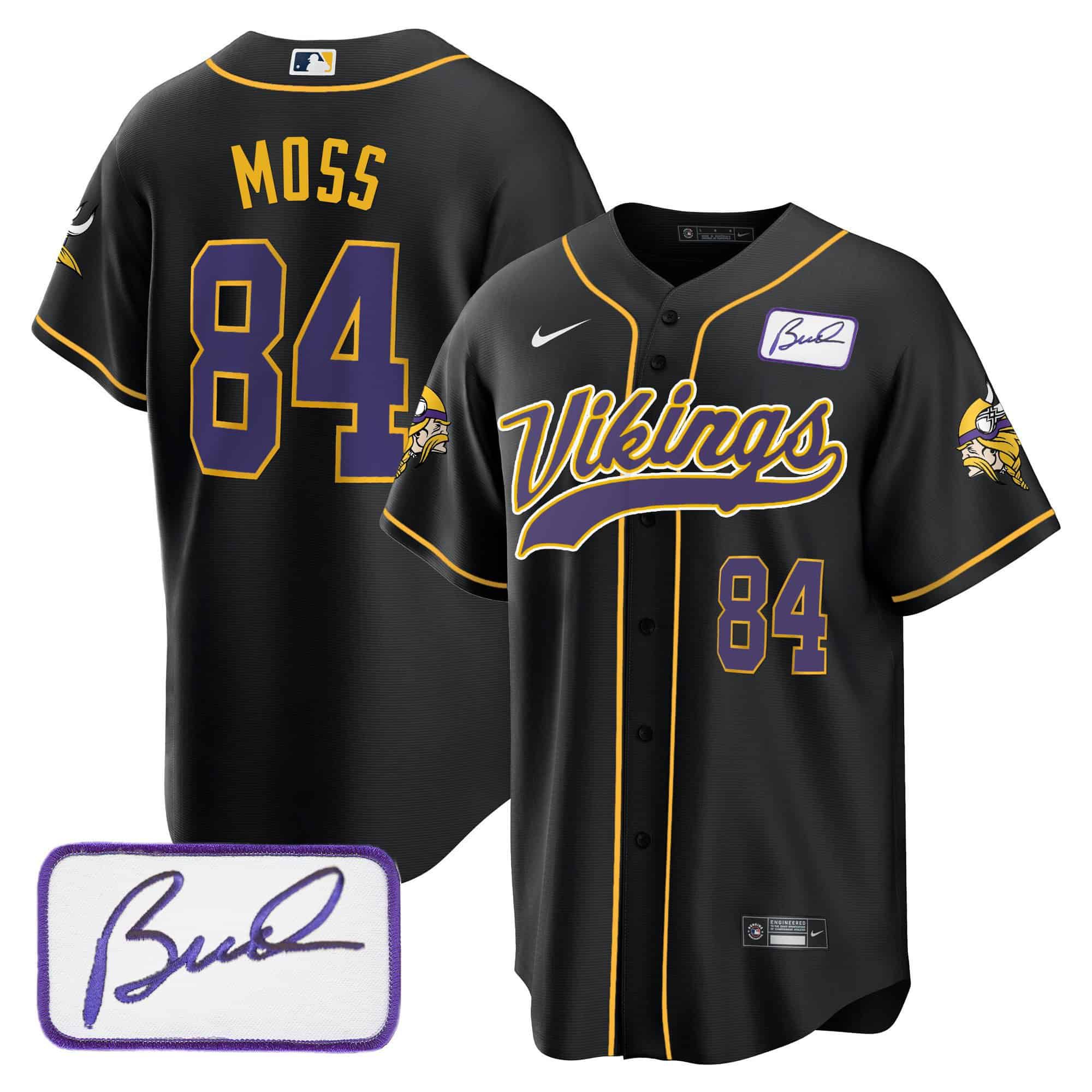 Men Minnesota Vikings 84 Moss Black 2024 Nike Bud Grant Patch Classic Baseball NFL Jersey